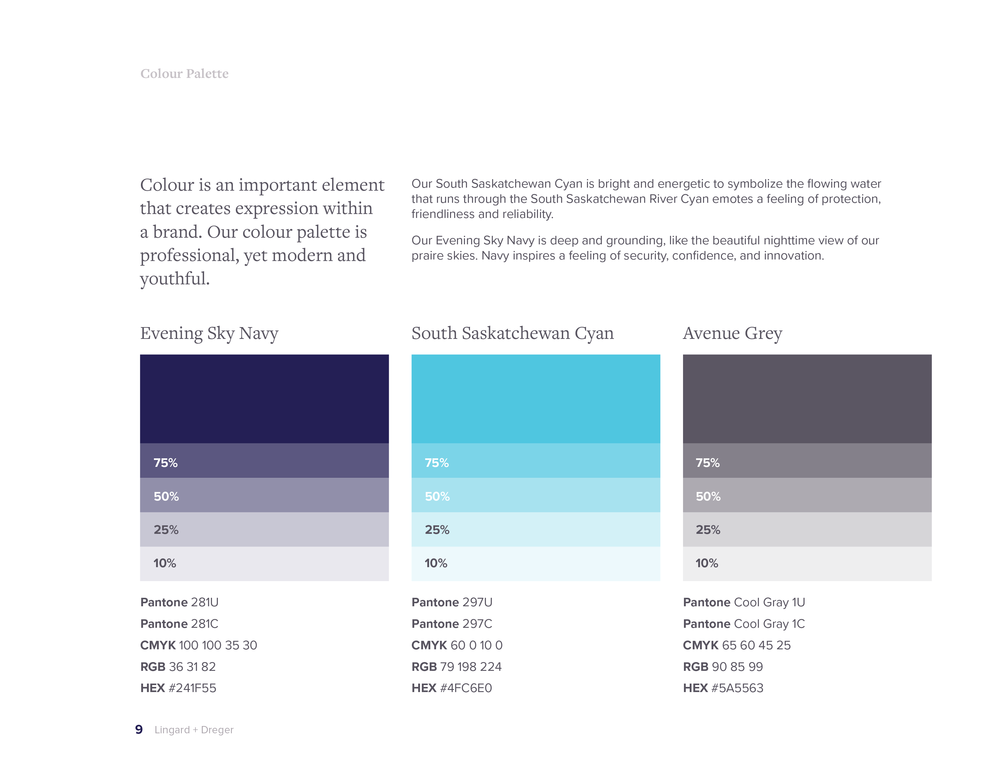Brand guidelines spread showing the colour palette