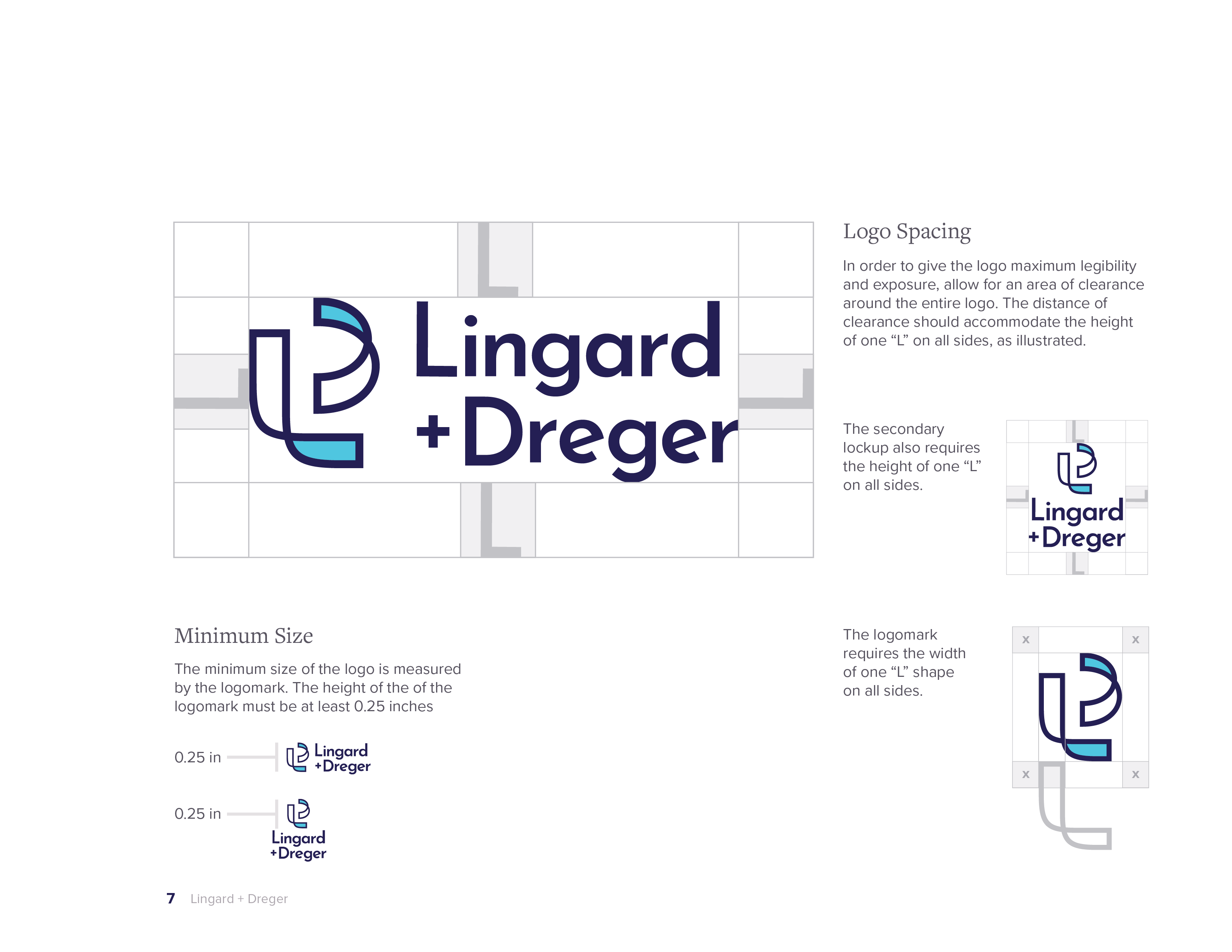 Brand guidelines spread showing logo spacing and minimum size