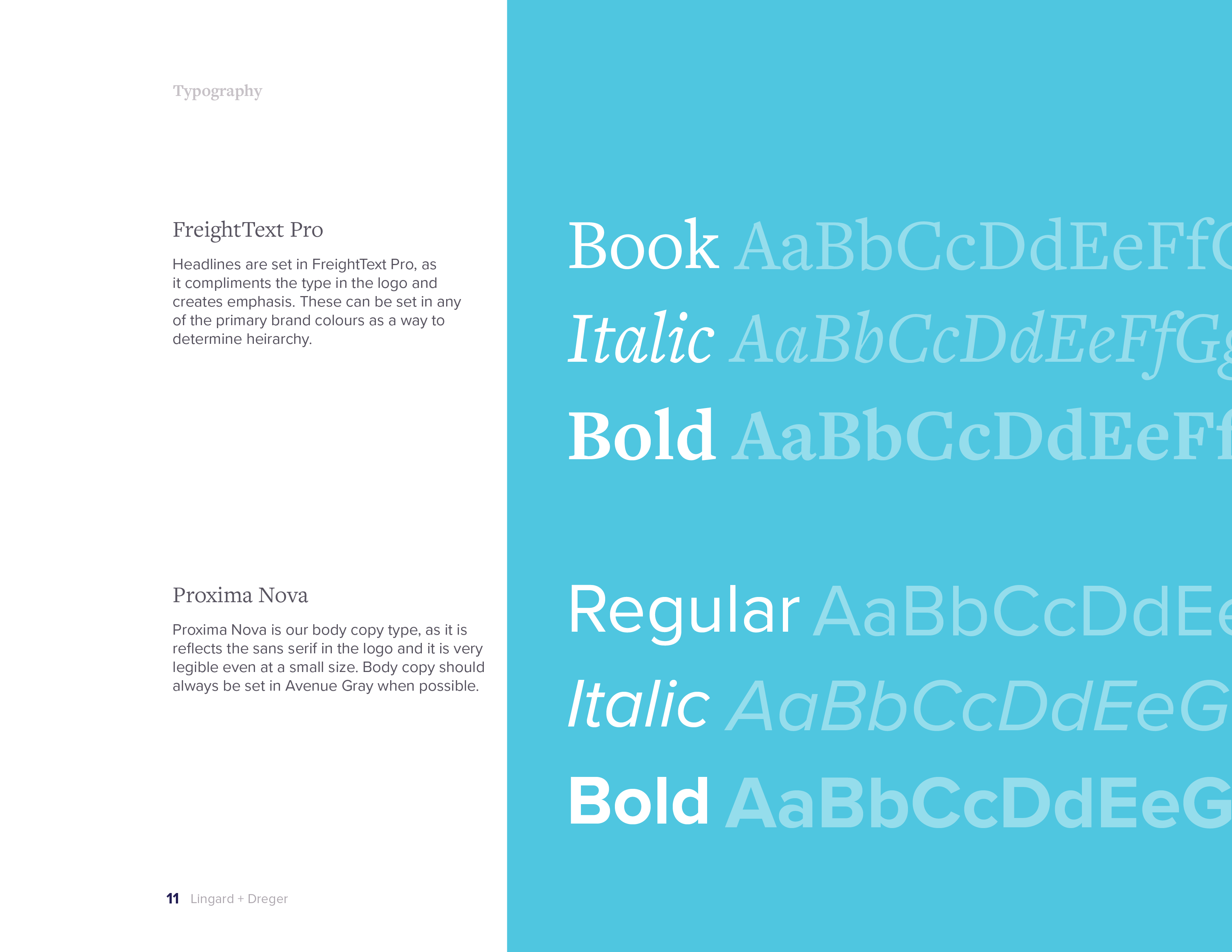 Brand guidelines spread showing typography