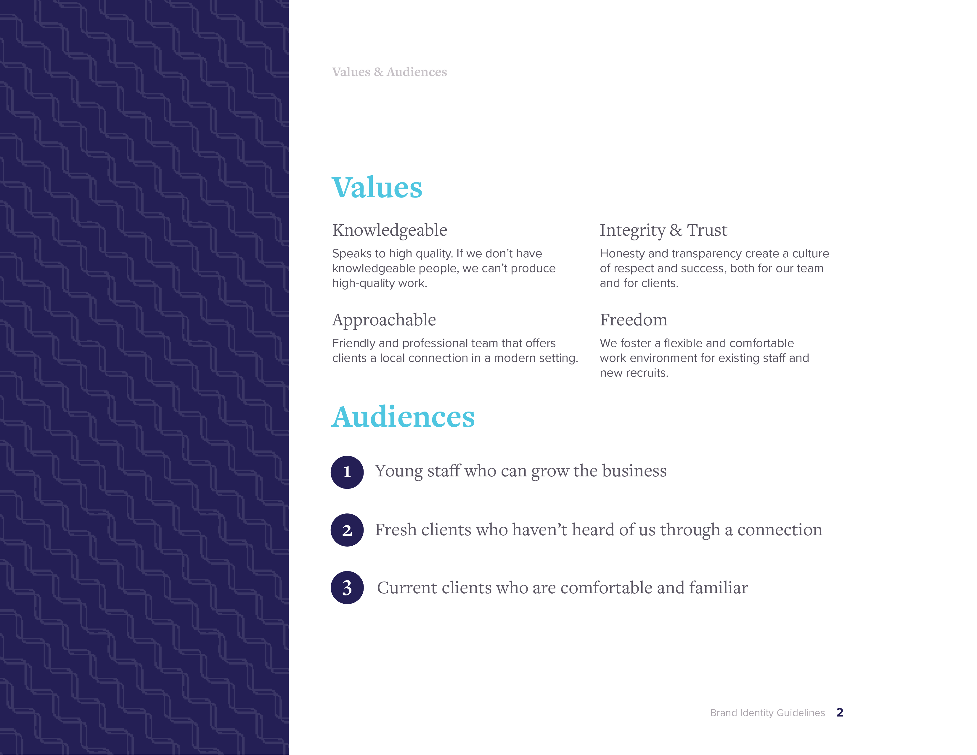 Brand guidelines spread showing values and audiences