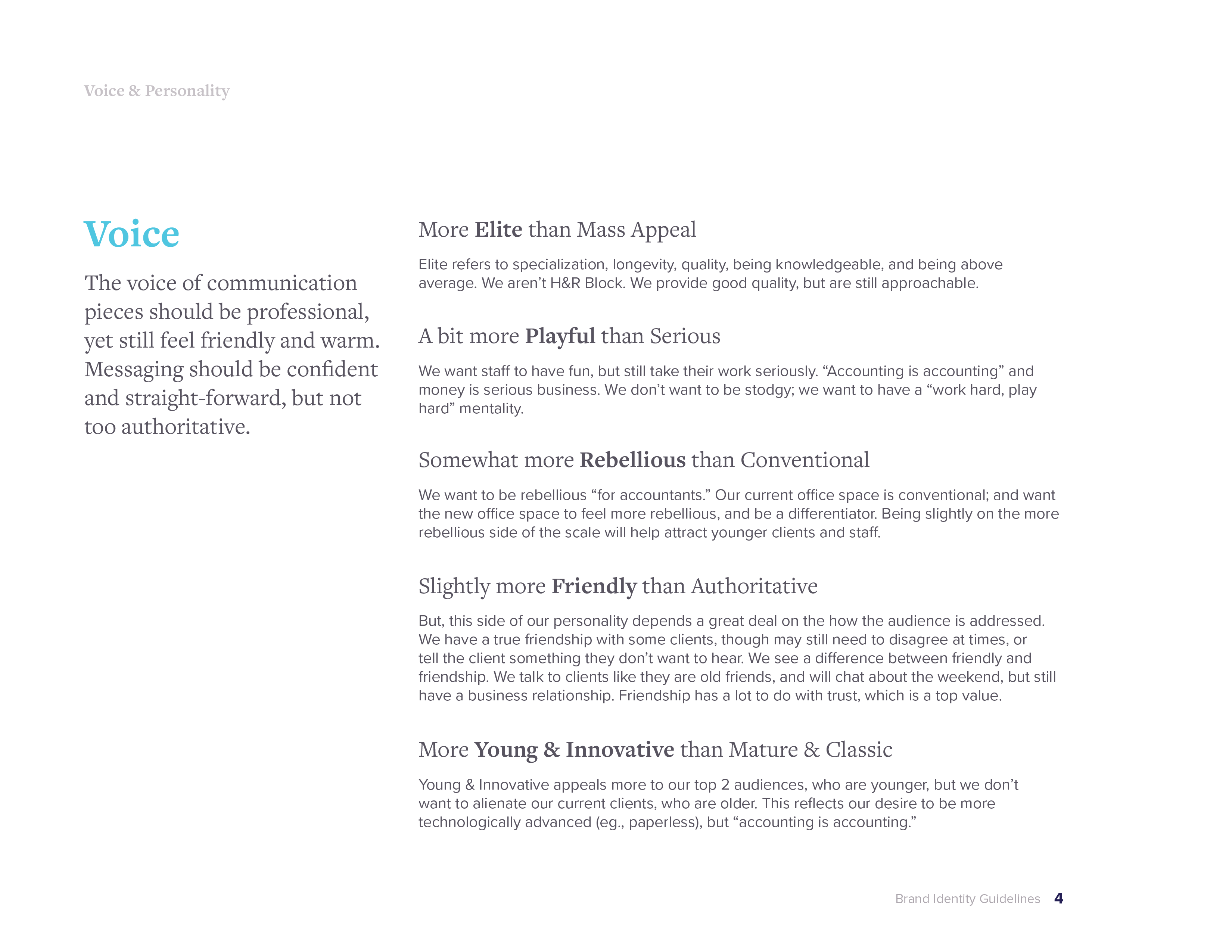 Brand guidelines spread showing voice and personality