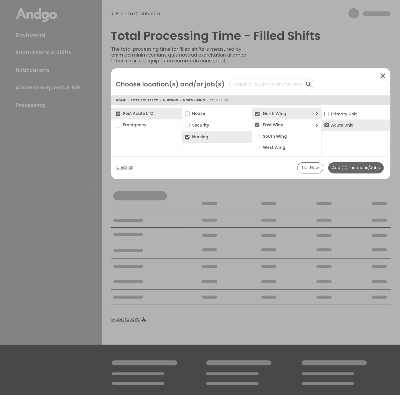 Filter modal wireframe